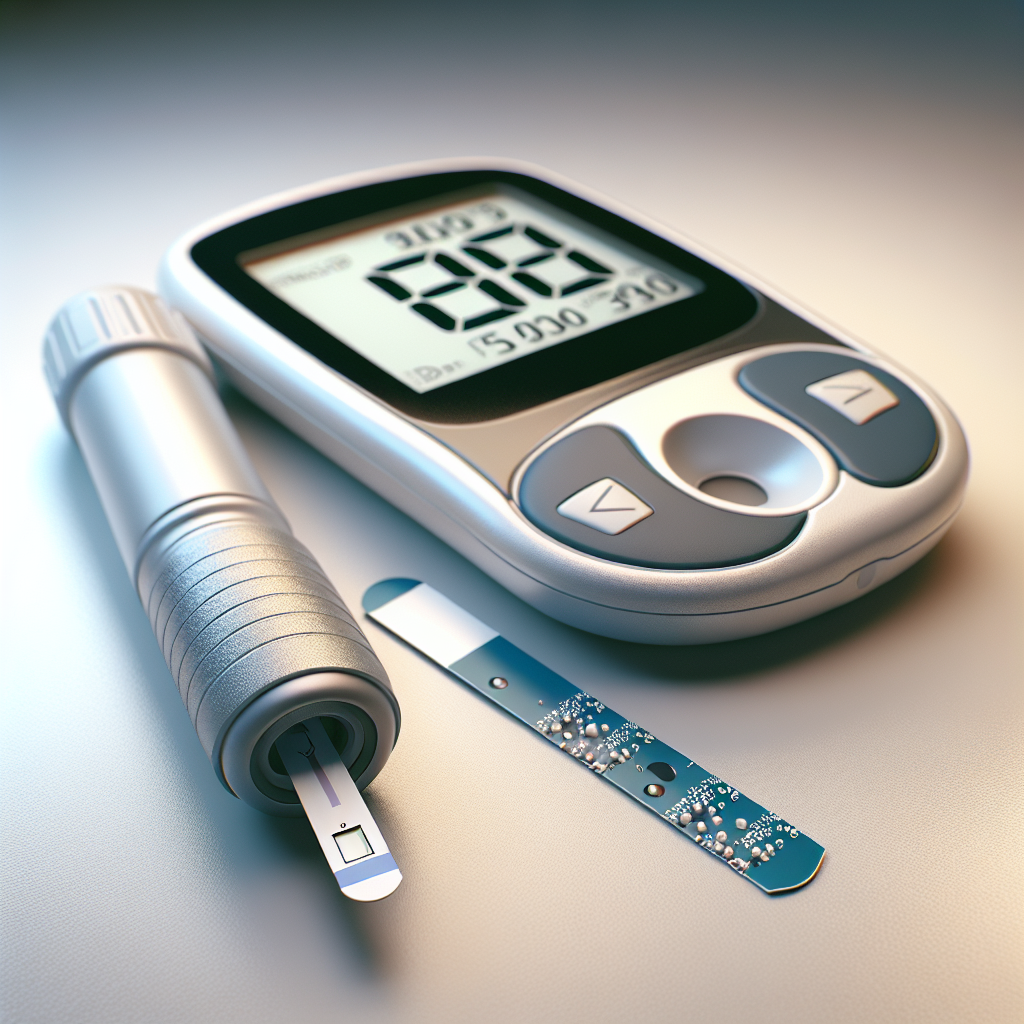 Realistic image of a blood glucose test strip and meter.