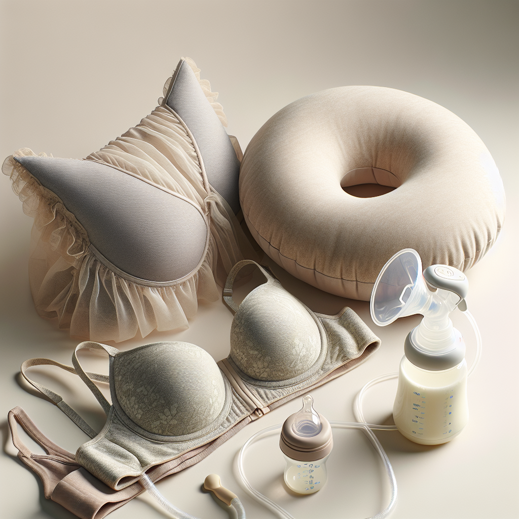 A realistic image of breastfeeding supplies including a breast pump, nursing pillow, and nursing bras.