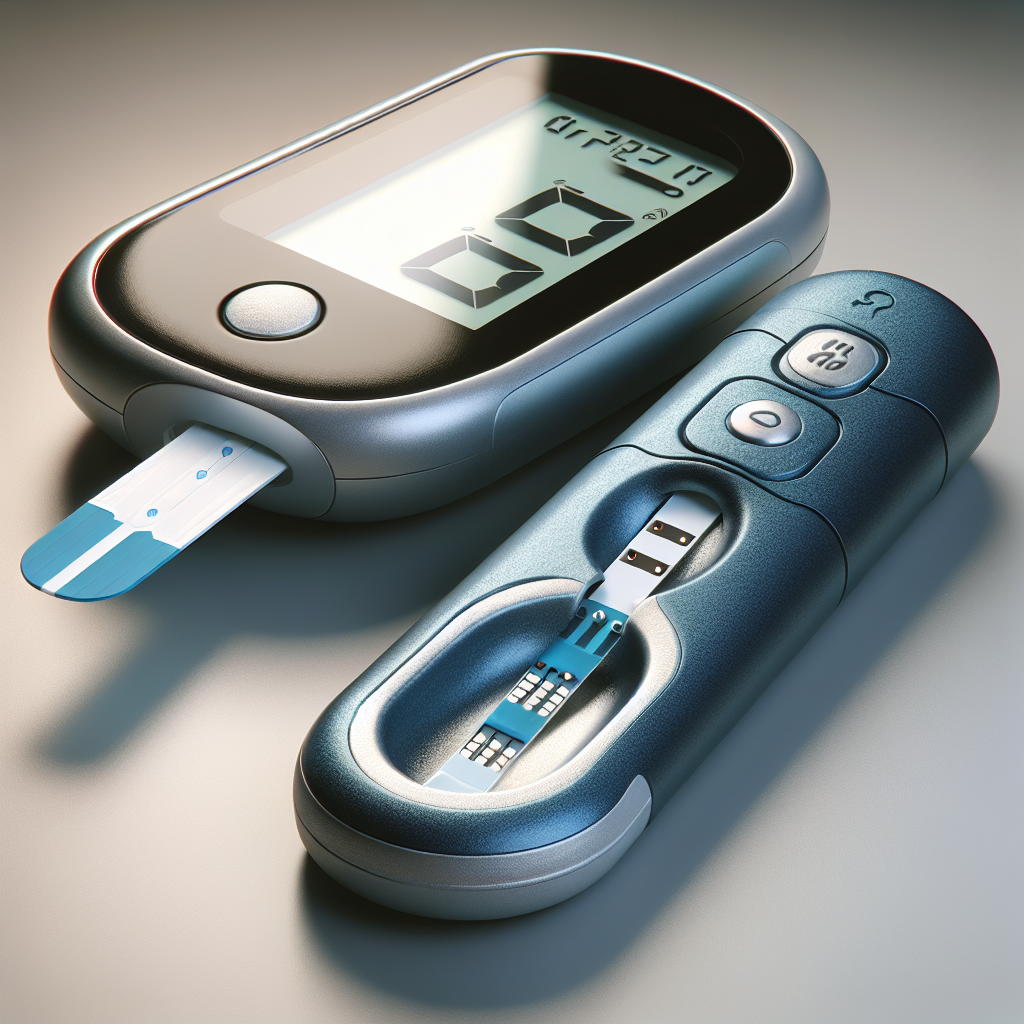 Close-up image of a blood glucose test strip and meter.