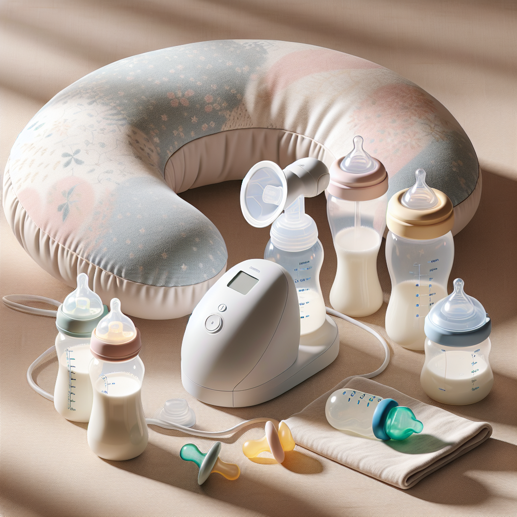 Essential breastfeeding supplies including a breast pump, nursing pillow, and baby bottles.