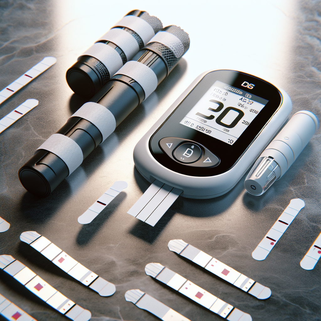 Close-up of blood glucose test strips with a glucose meter.