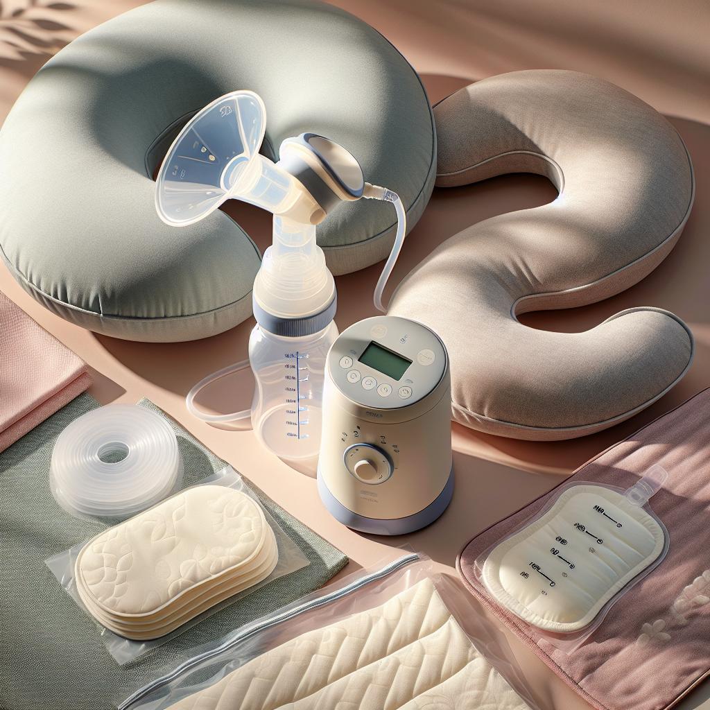 A collection of breastfeeding supplies including a breast pump, nursing pillow, storage bags, and nursing pads.