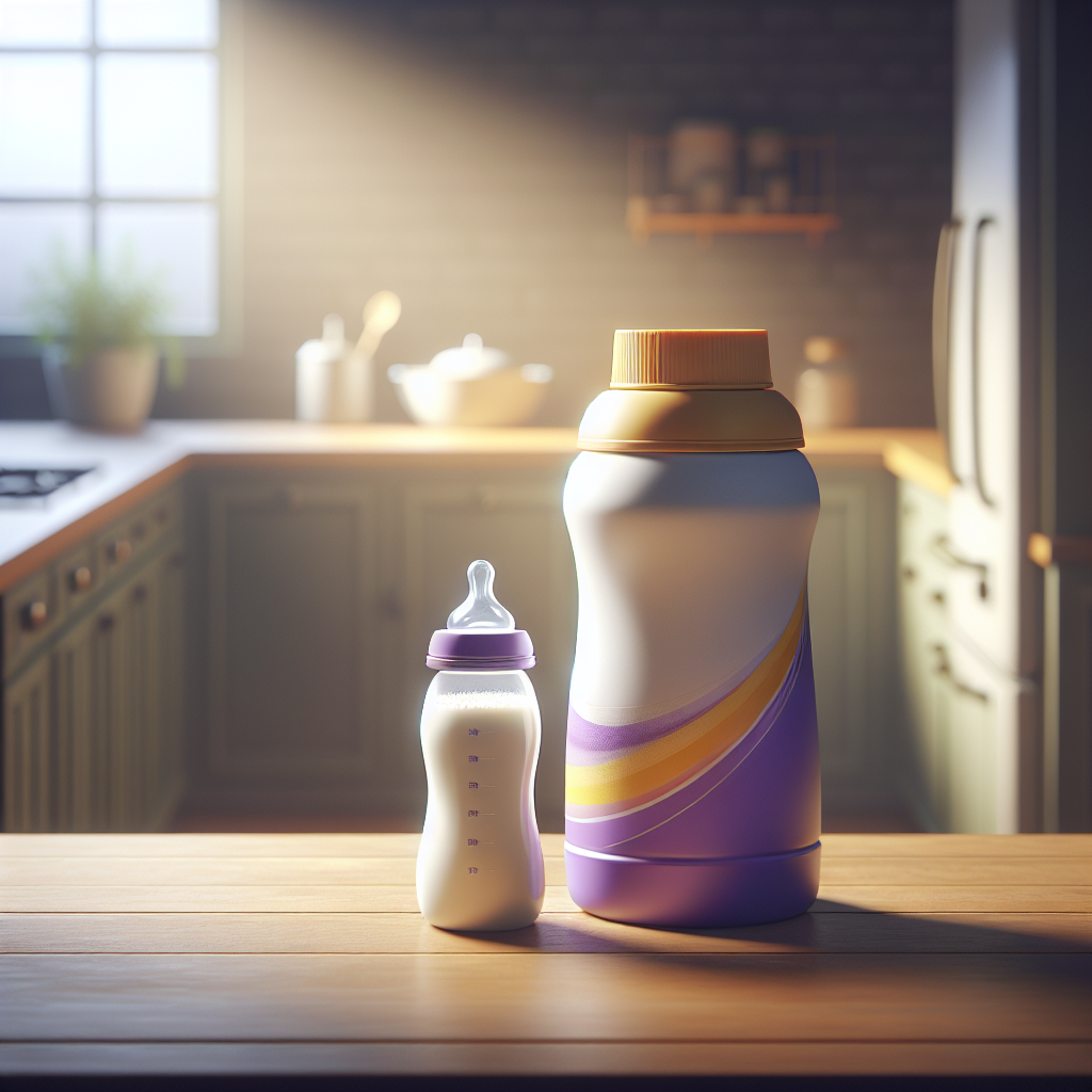 A container of Enfamil Gentlease formula and a baby bottle on a kitchen counter.