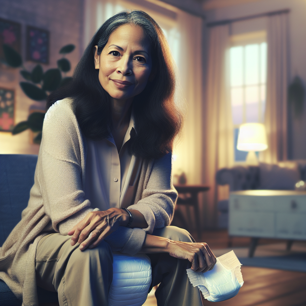 A middle-aged person sitting comfortably, symbolizing acceptance of adult diaper use.