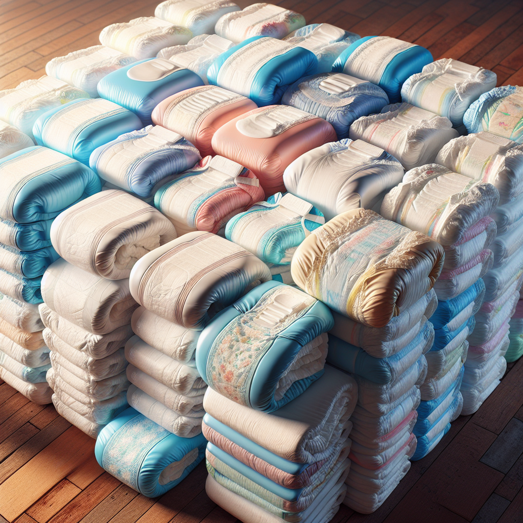 Various types of adult diapers displayed on a wooden table, showing differences in size and material.