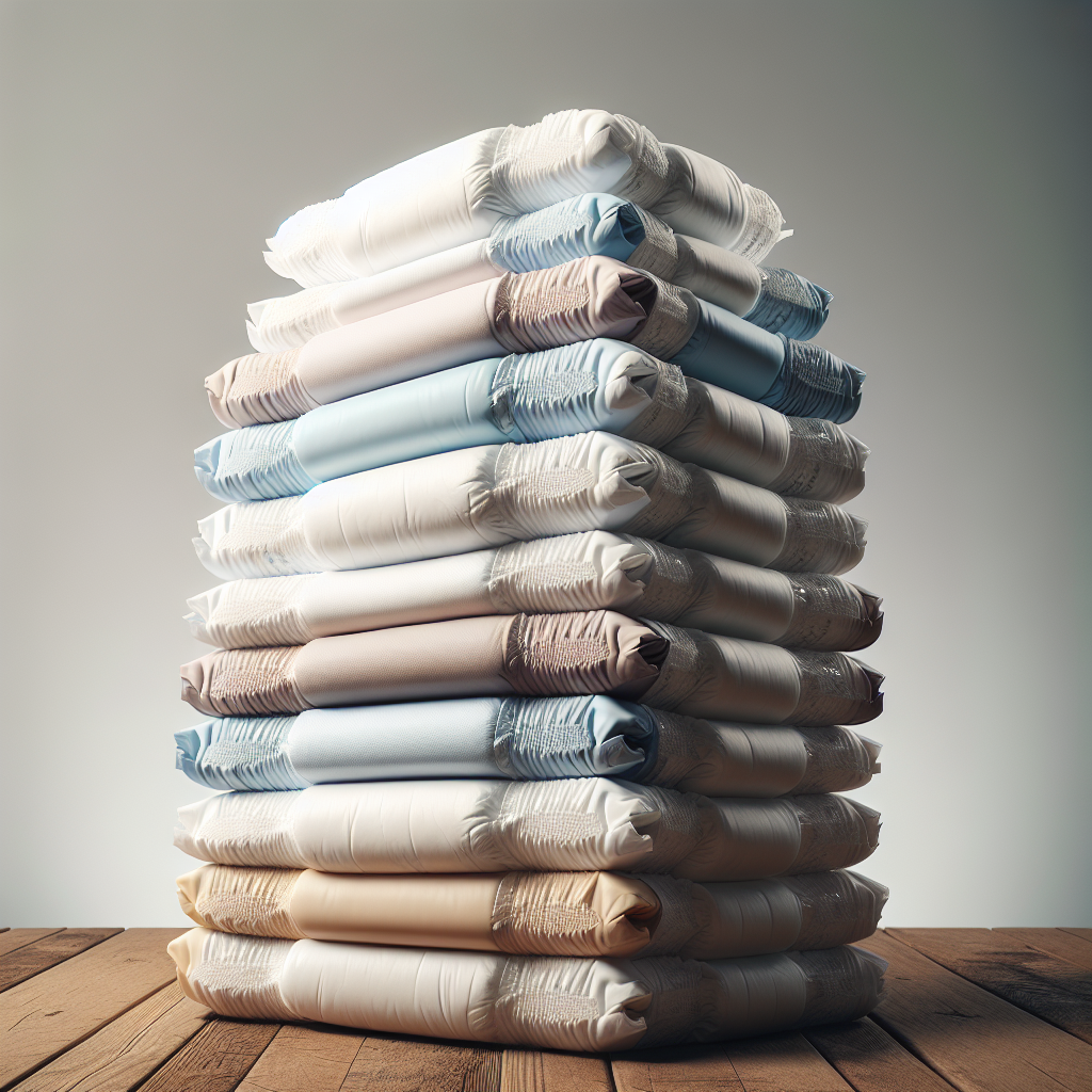 A close-up of a stack of various adult diapers on a wooden table.