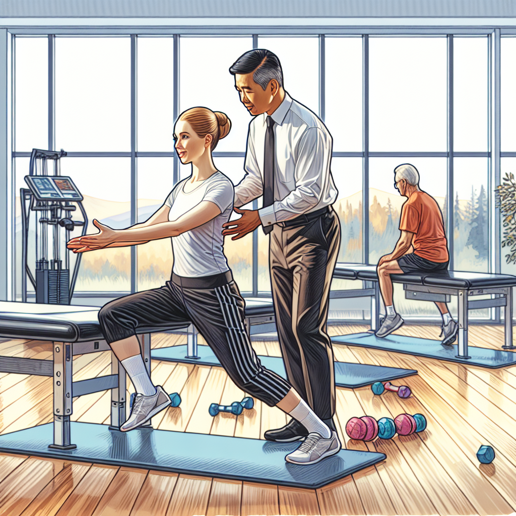 A physical therapist guides a patient through rehabilitation exercises in a bright therapy room.