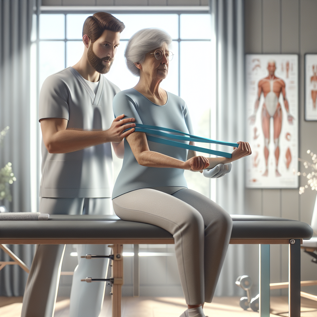 A realistic depiction of a physical therapy session in a rehabilitation clinic.