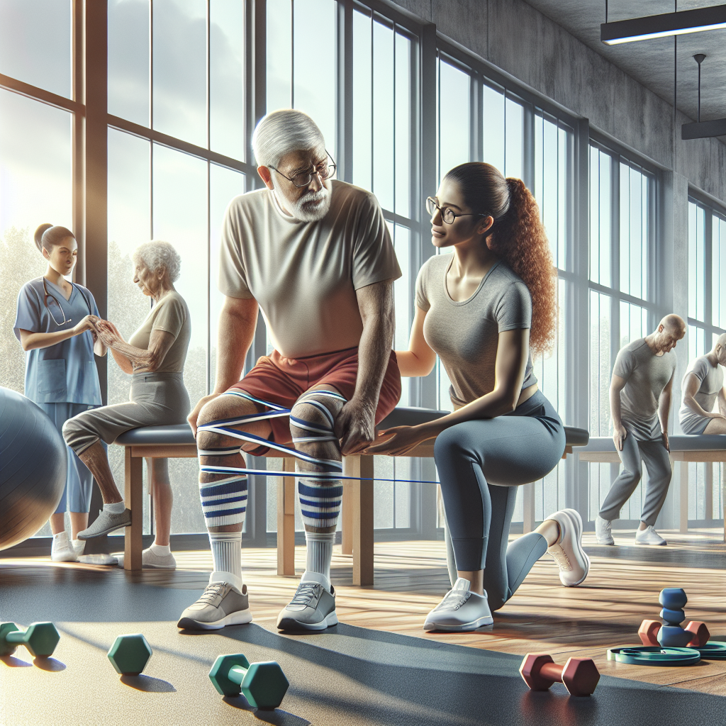 A realistic image of a physical therapy session in a modern clinic with diverse patients and a therapist assisting with exercises.