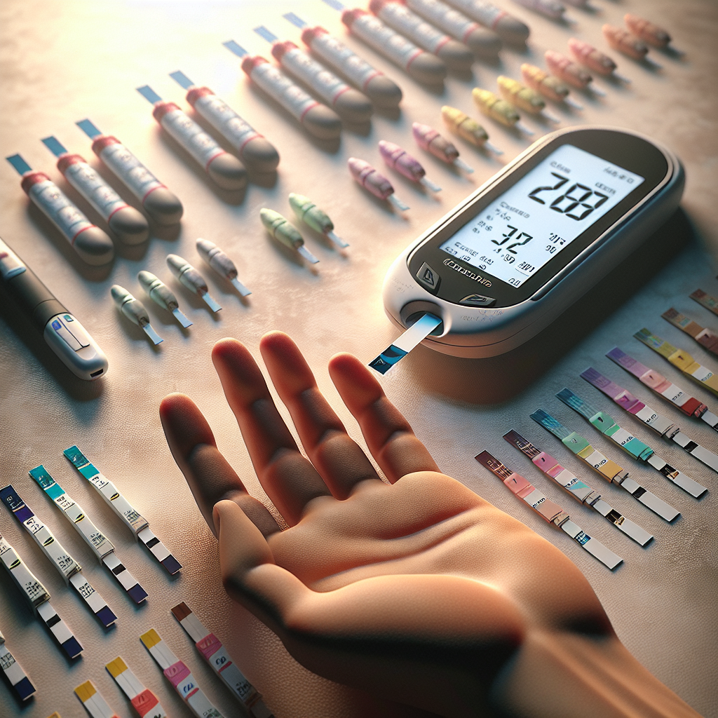 A realistic representation of diabetes test strips and a glucose meter.