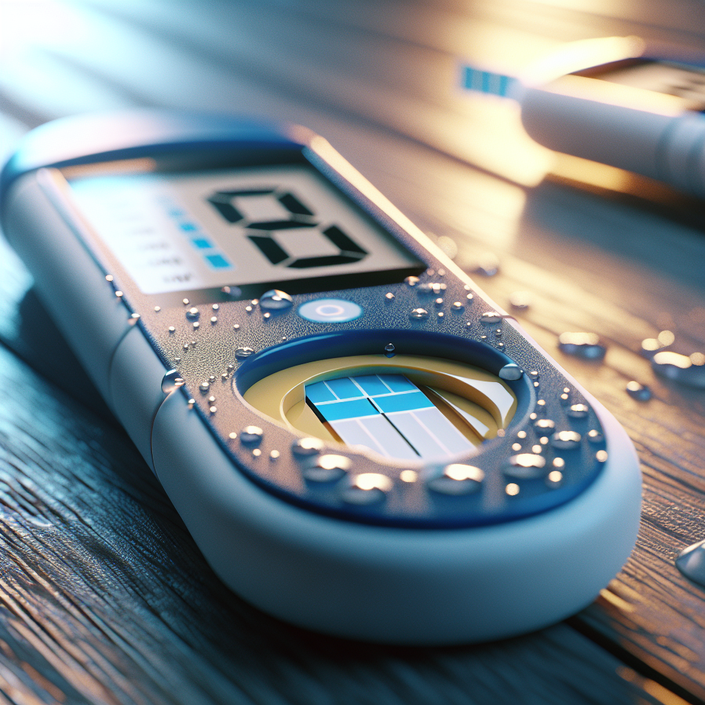 Close-up of diabetes test strips on a wooden table, with a droplet of blood on one strip.