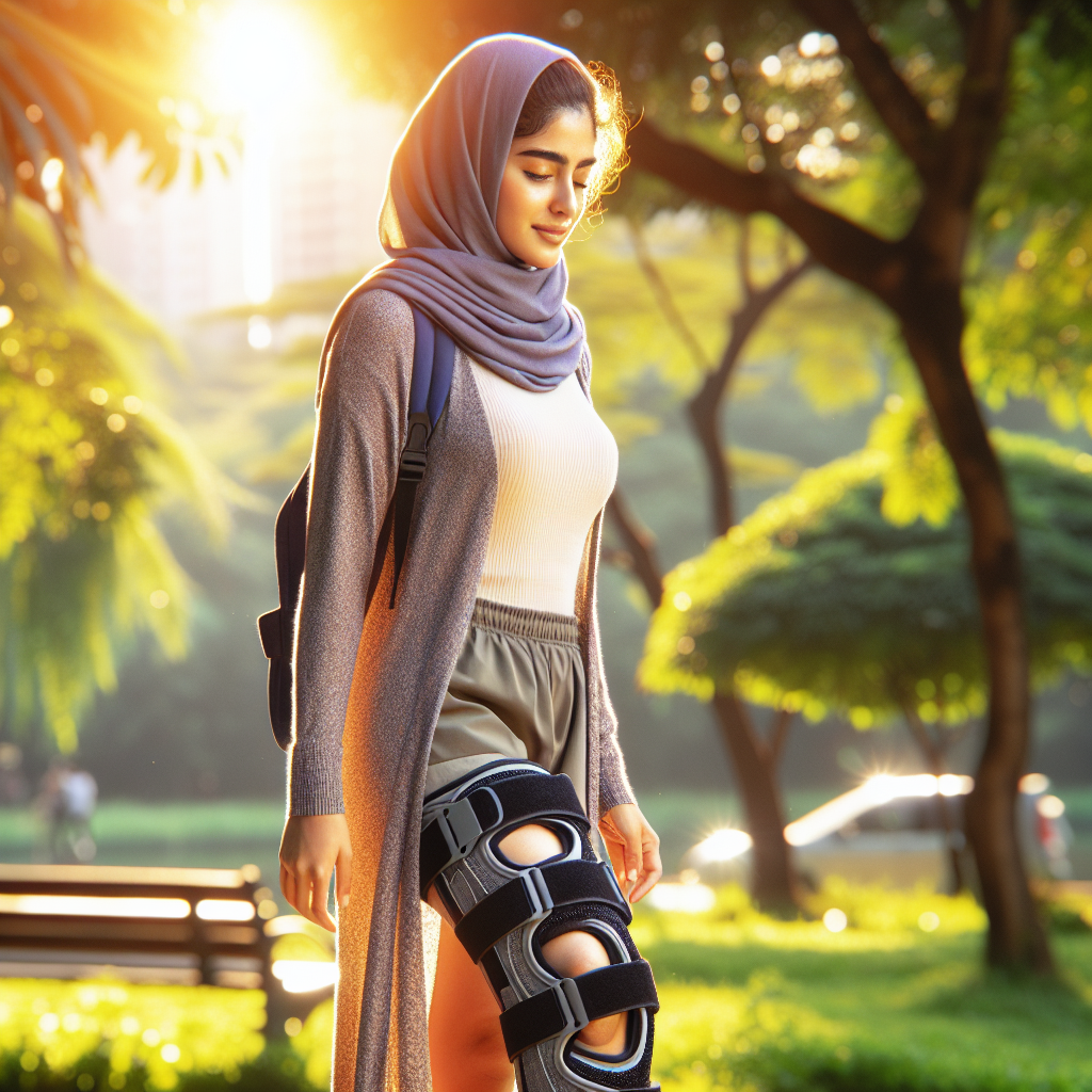 A person wearing a knee brace walking in a sunny park.