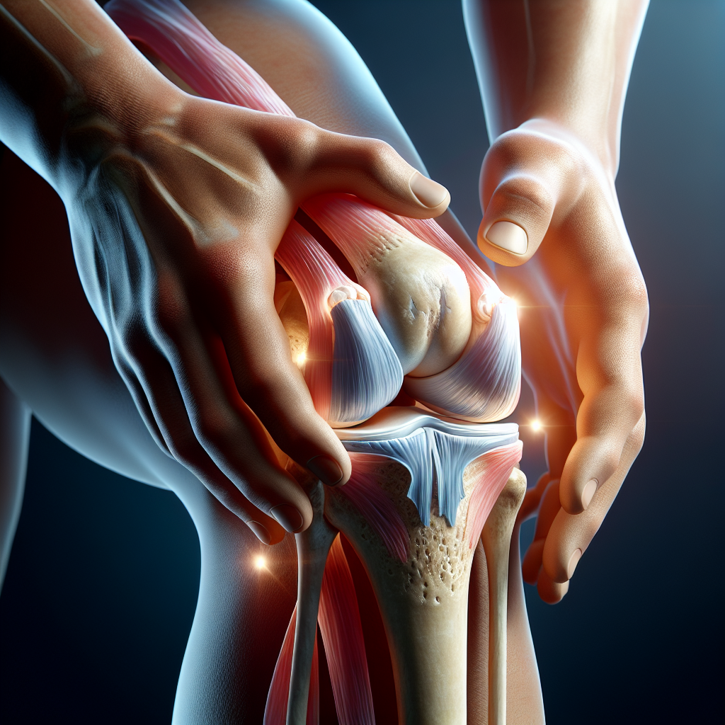 A detailed realistic image of a knee joint showing potential causes of pain.