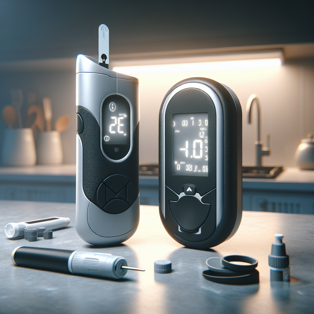 Various diabetes monitoring tools including a glucose meter and a continuous glucose monitor.