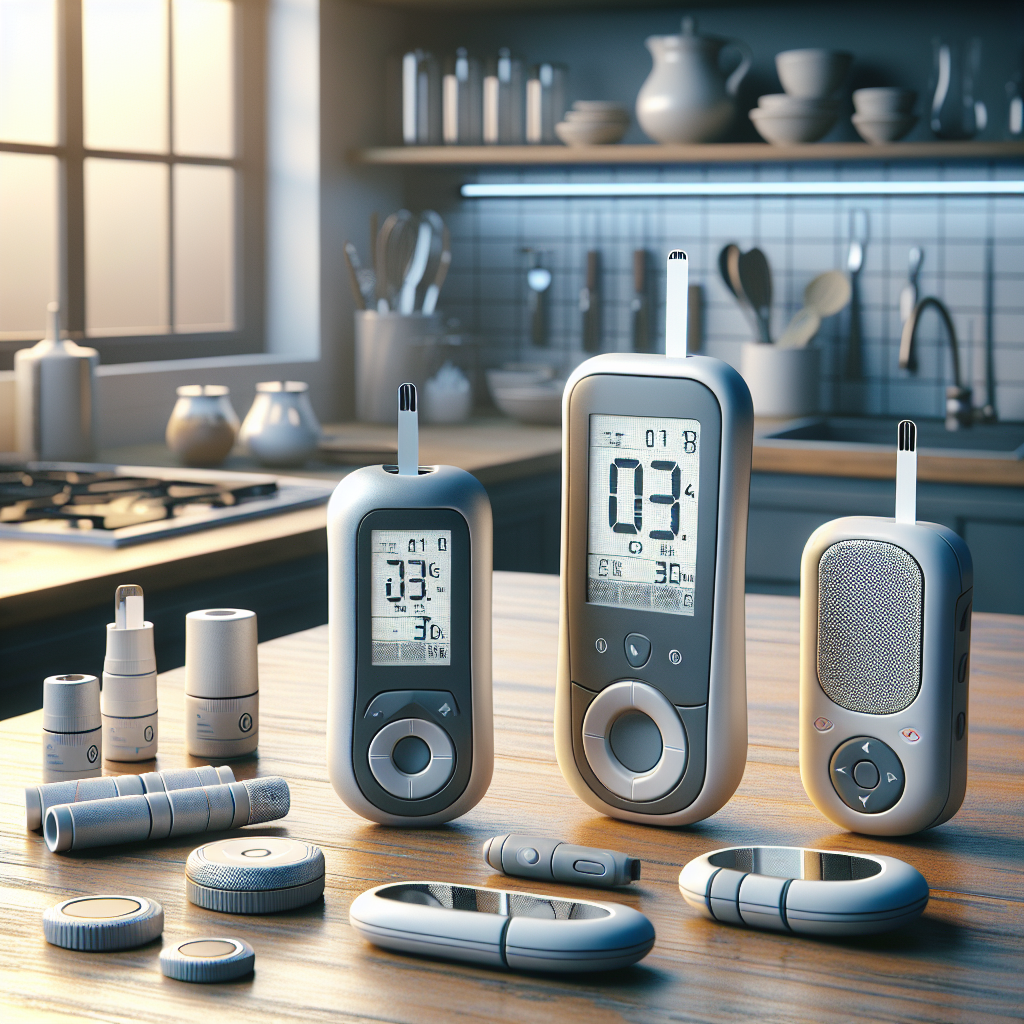 Realistic image of diabetes monitoring tools, including a glucose meter and CGM system, in a modern kitchen setting.