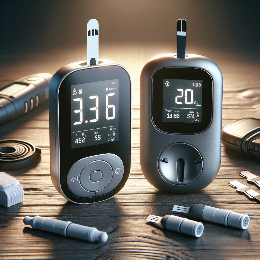 A realistic image showing diabetes monitoring tools including a glucose meter and a CGM system on a table.