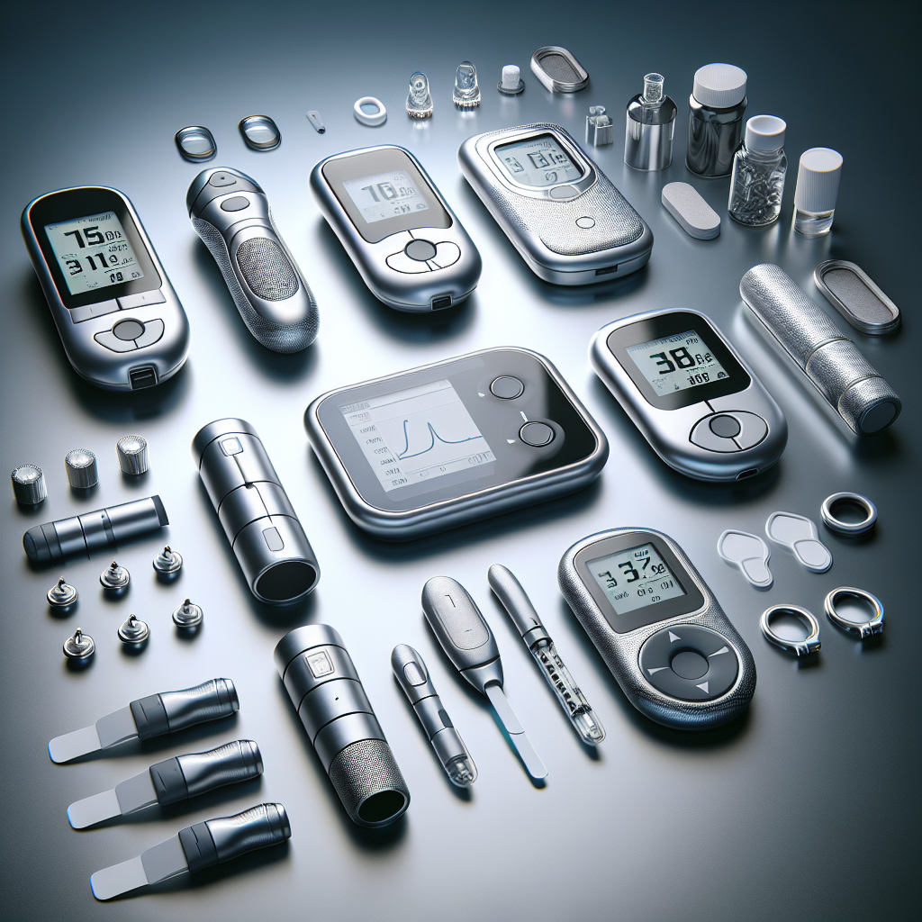 Realistic image of diverse diabetes monitoring tools like glucose meters and CGM systems.