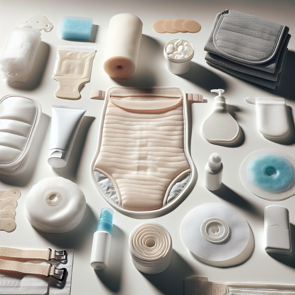 Realistic image of ostomy care products, including pouches, skin barriers, and accessories, on a white surface.