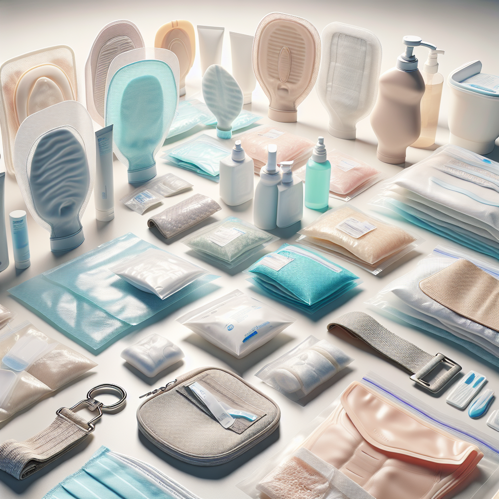 A set of ostomy care products on a white surface, including pouches, skin barriers, belts, deodorants, and wipes.