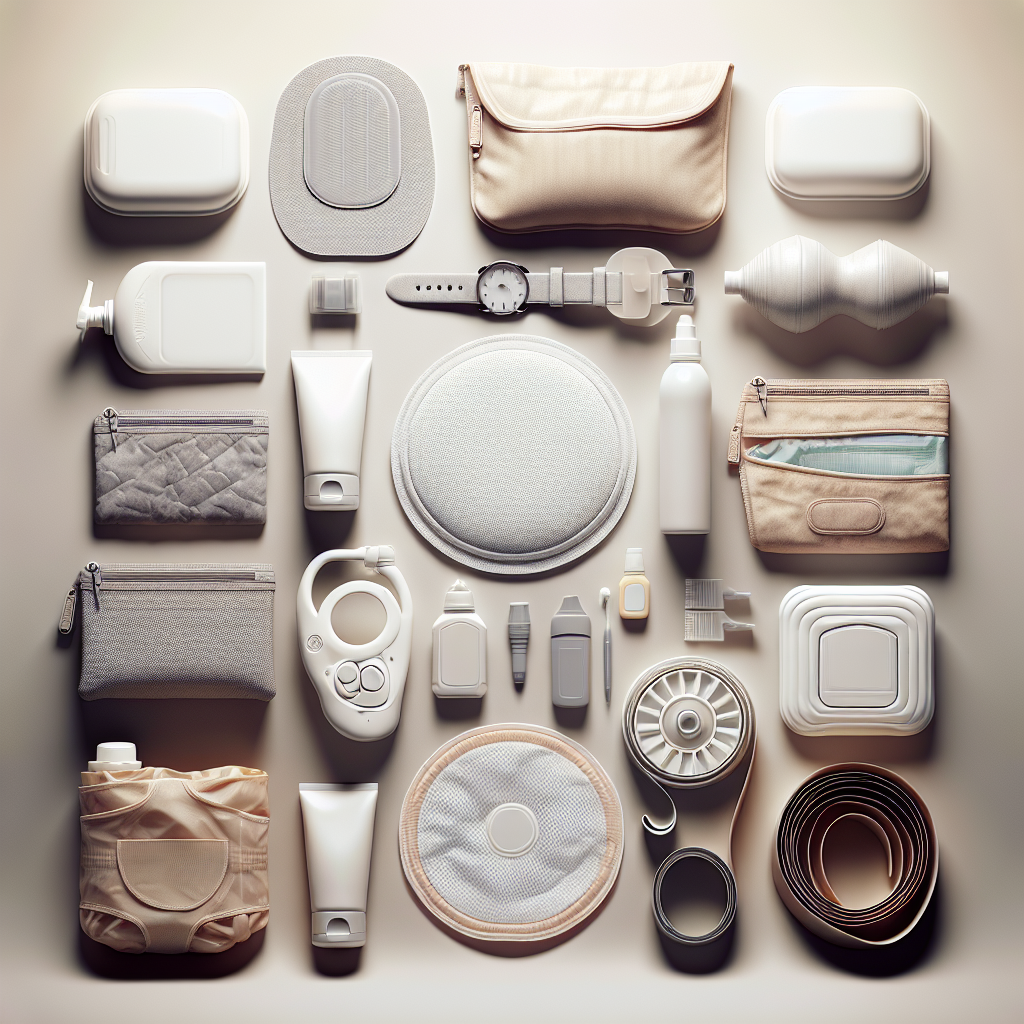 A realistic depiction of various ostomy care products on a neutral surface.