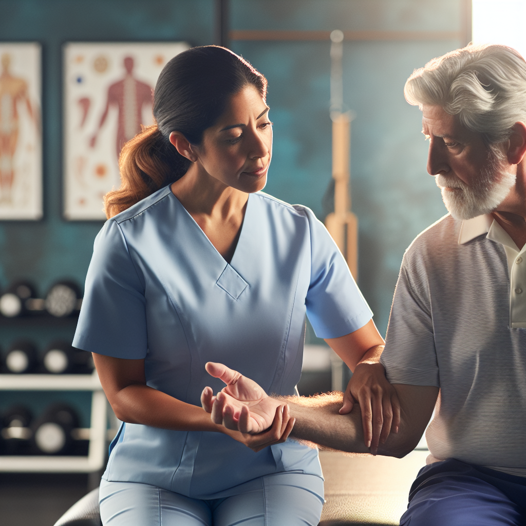 A physical therapist guiding an elderly patient through rehabilitation exercises in a therapy room.