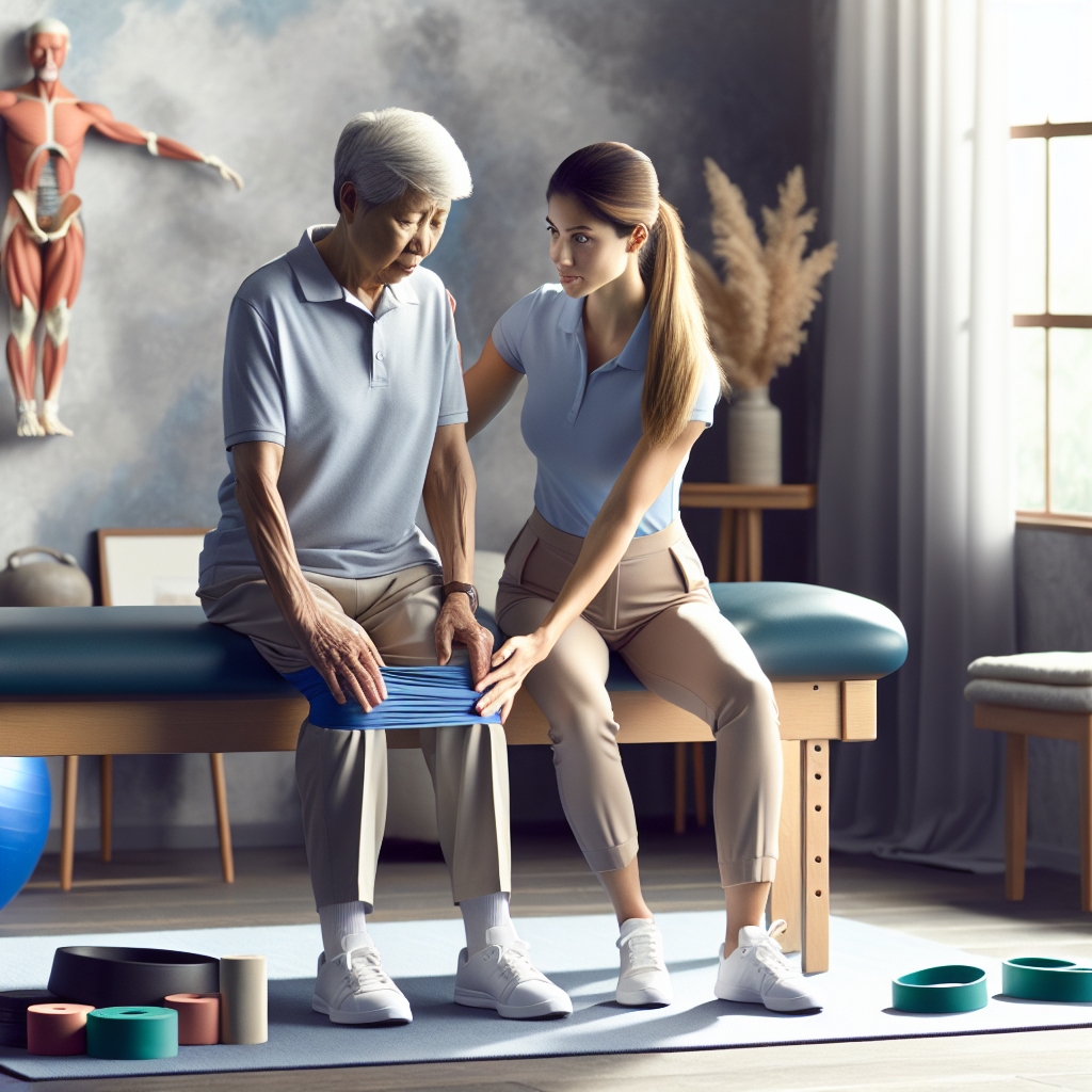 A physical therapy session illustrating a therapist assisting an elderly man with exercises after surgery.