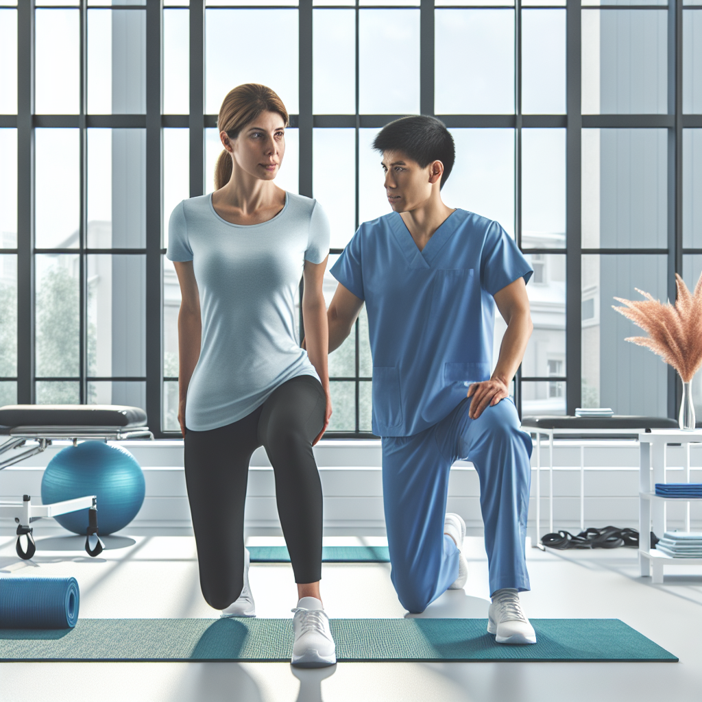 A physical therapy session with a woman exercising under the guidance of a therapist in a bright clinic.