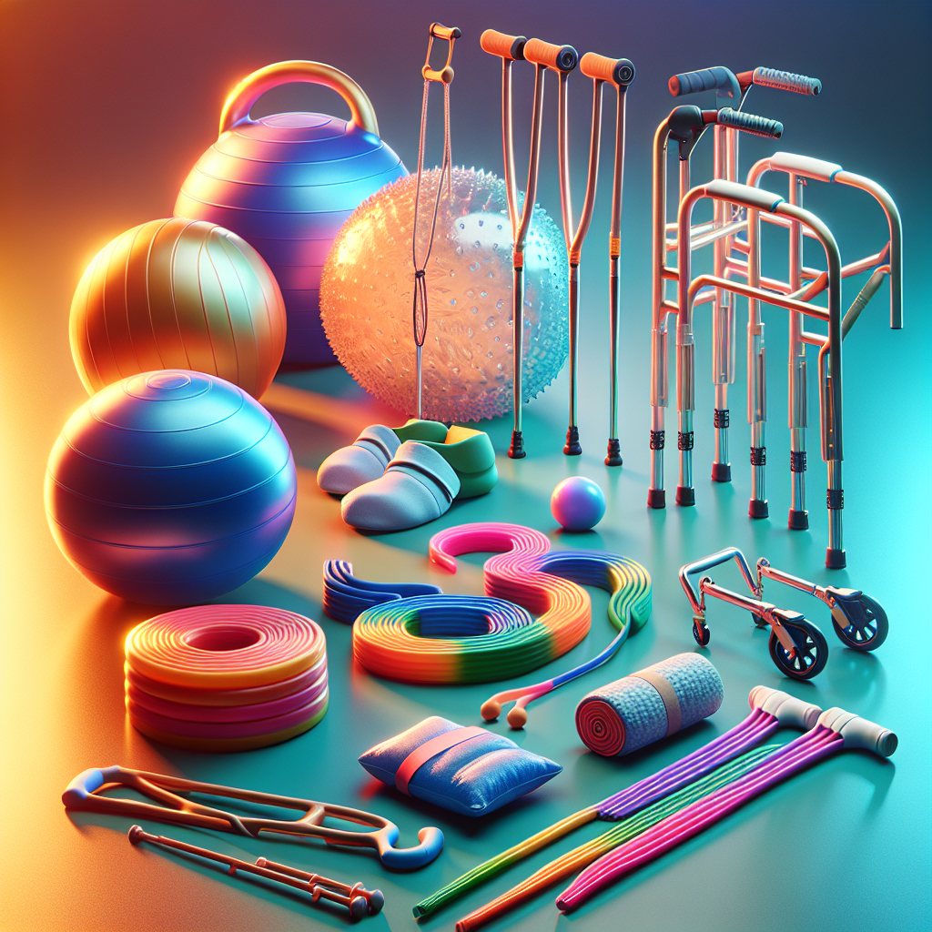 An assortment of injury rehabilitation tools, including resistance bands, stability balls, hot and ice packs, crutches, a walker, and a cane, arranged on a bright background.