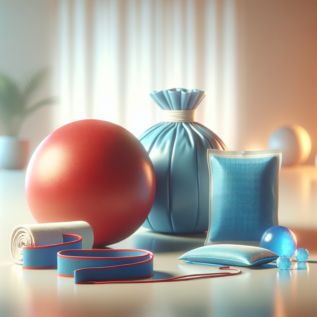 A collection of injury rehabilitation tools including a red resistance band, a blue stability ball, a hot therapy pack, and a blue ice pack on a bright surface.