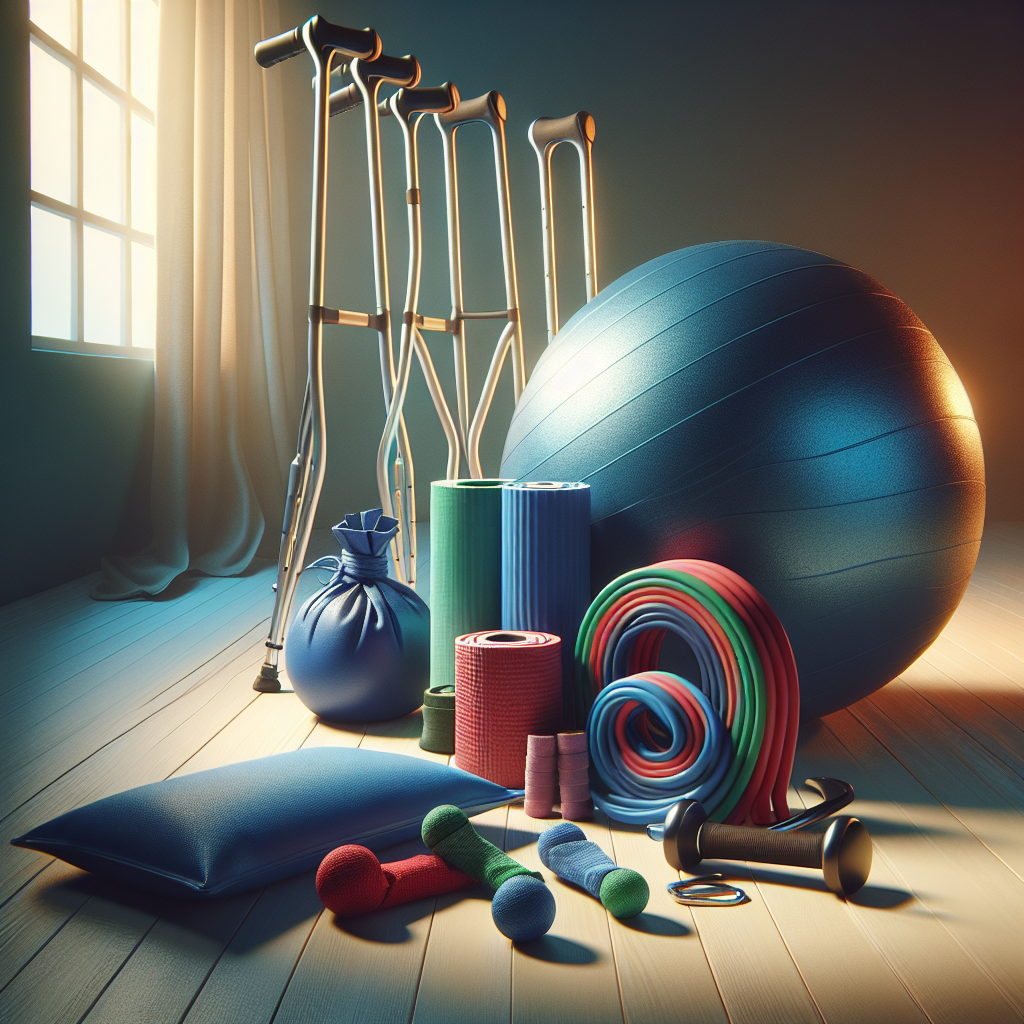 Various injury rehabilitation tools including resistance bands, a stability ball, hot and cold packs, crutches, and a cane on a bright background.