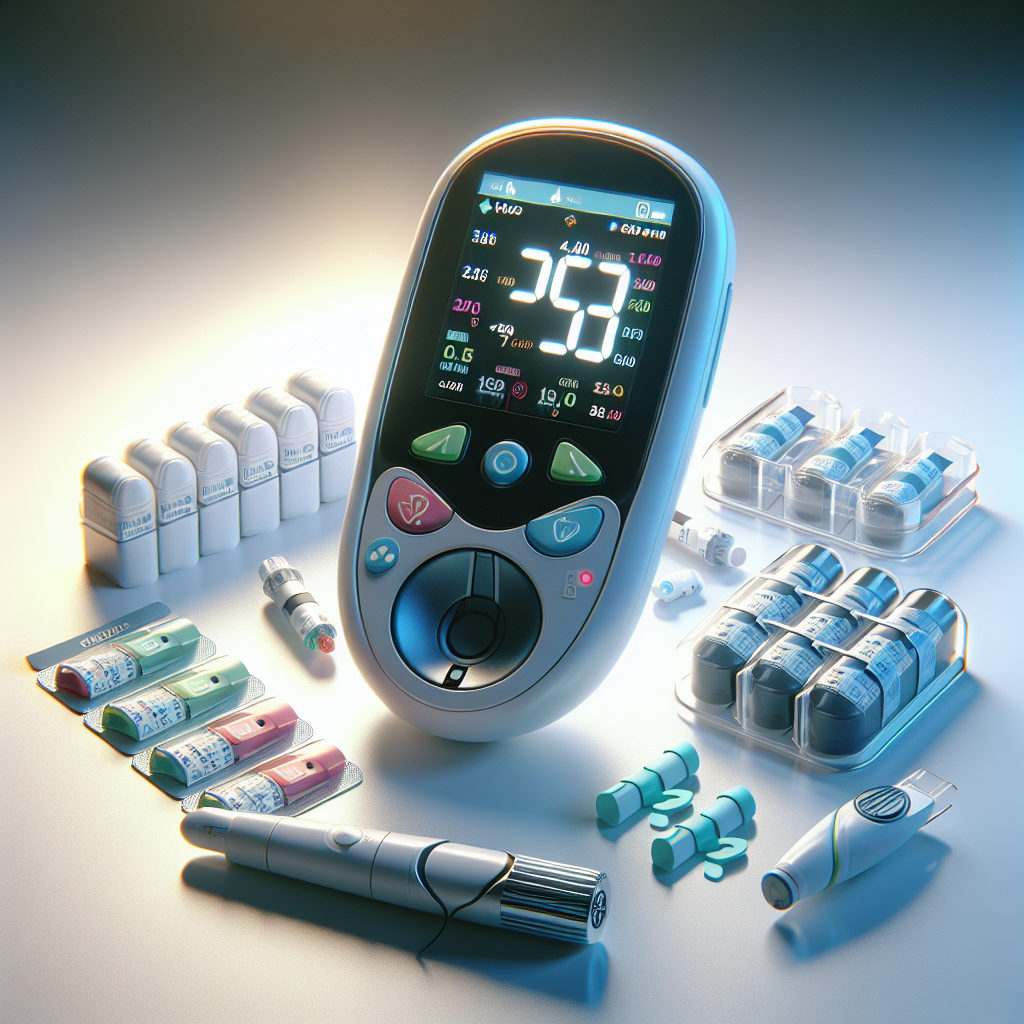 A diabetes testing kit with a glucose meter, test strips, and a lancet device on a white surface.