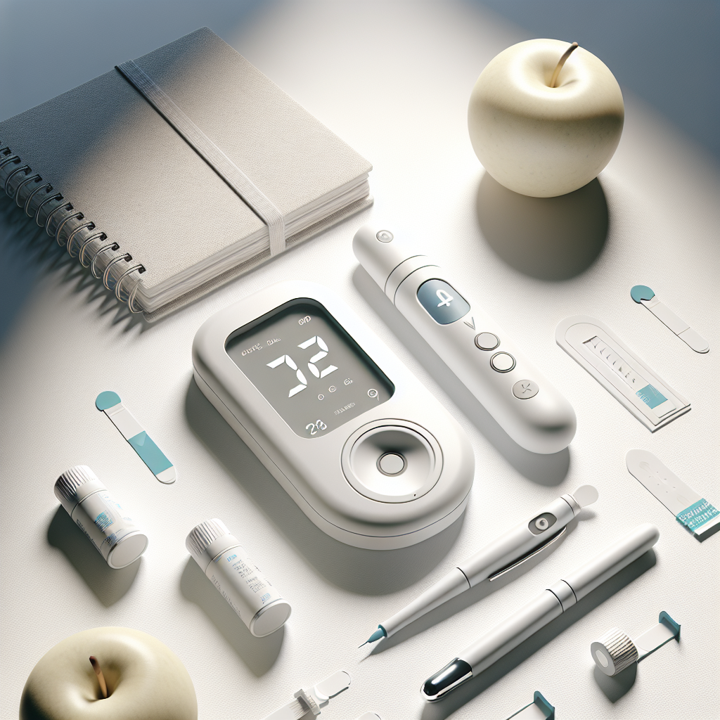 A diabetes testing kit including a glucose meter, test strips, and a lancing device on a white surface.