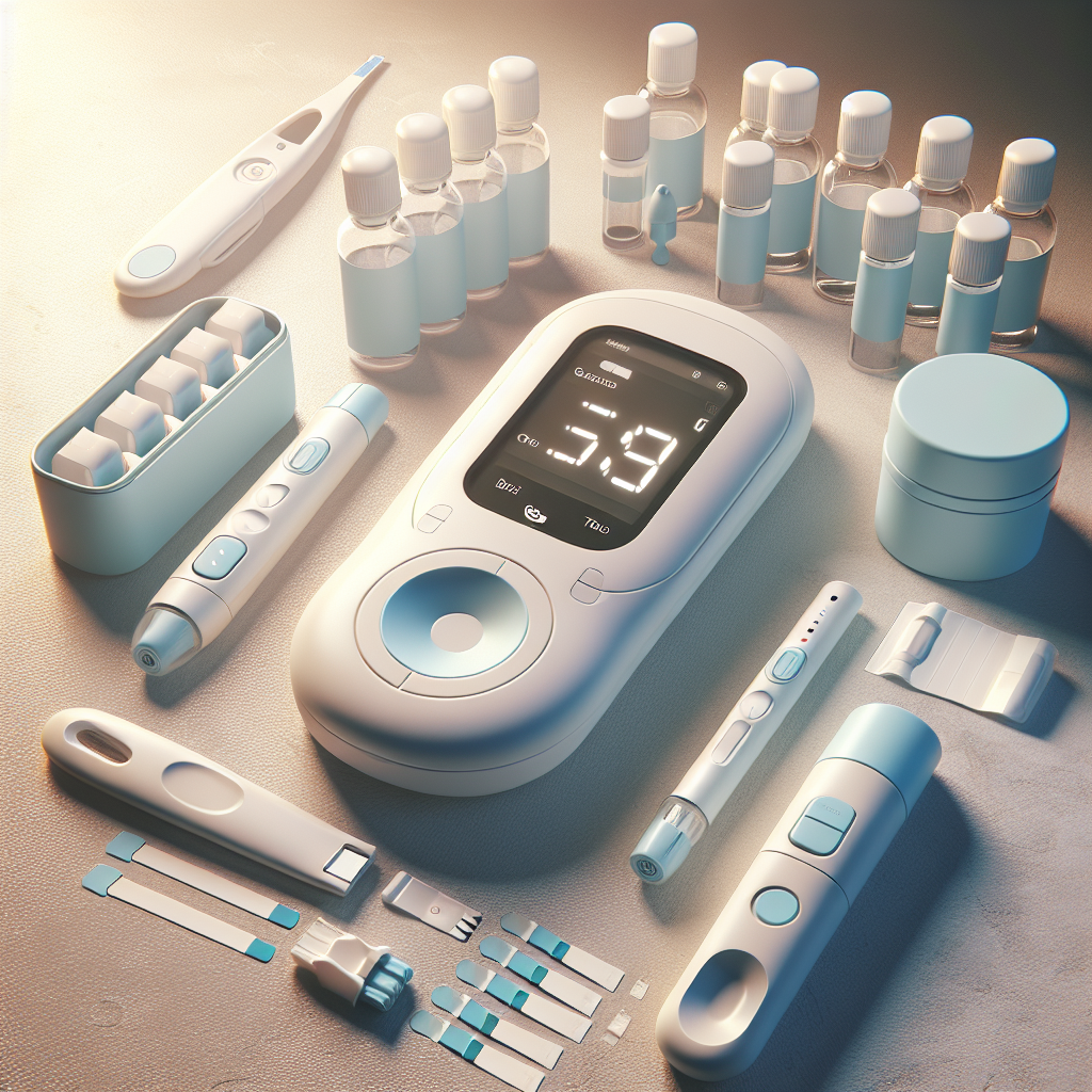 A diabetes testing kit with a digital display, test strips, a lancing device, and vials of control solution.