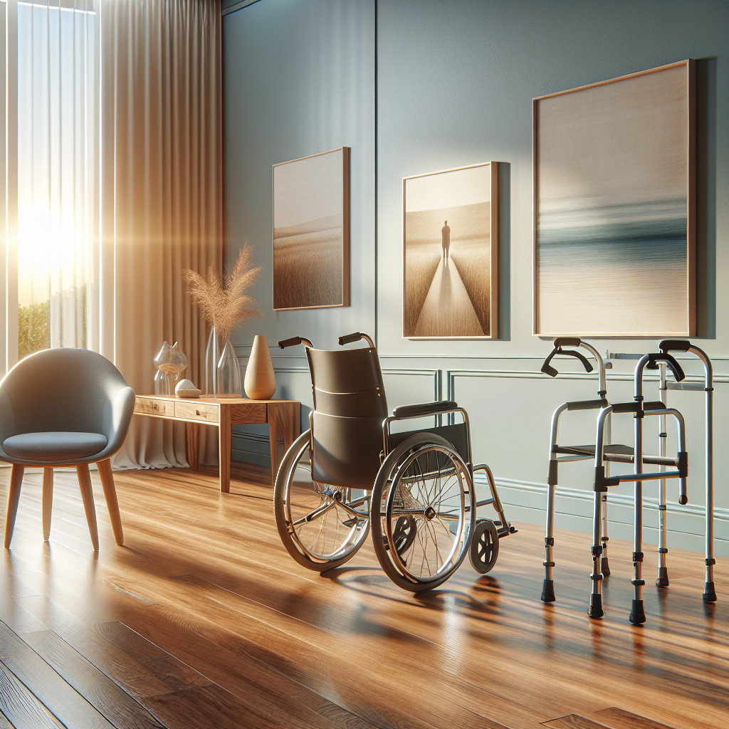 A variety of mobility aids including a wheelchair, walker, and cane in a therapy room.