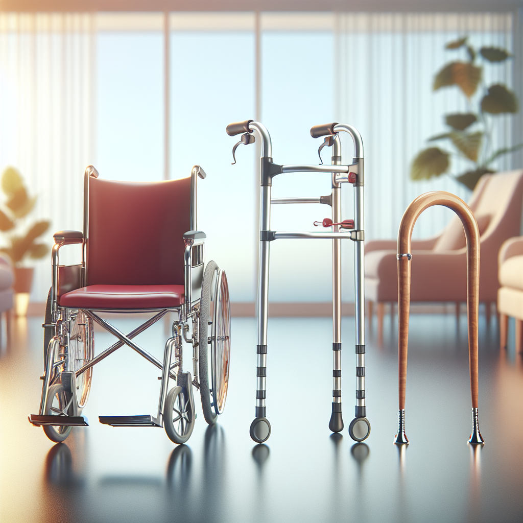 A selection of mobility aids for therapy: a modern wheelchair, a sturdy walker, and a polished cane.