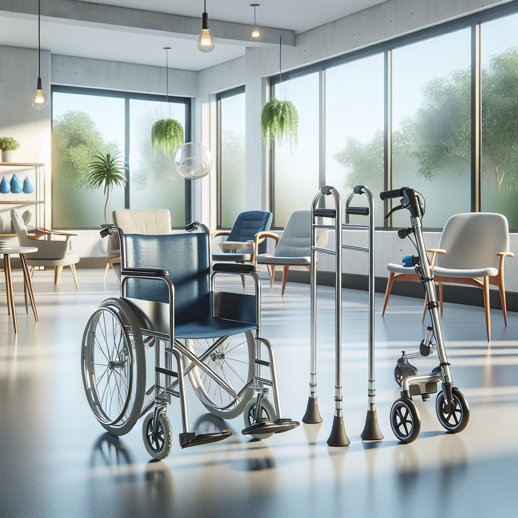 Various mobility aids for therapy in a bright rehabilitation room.