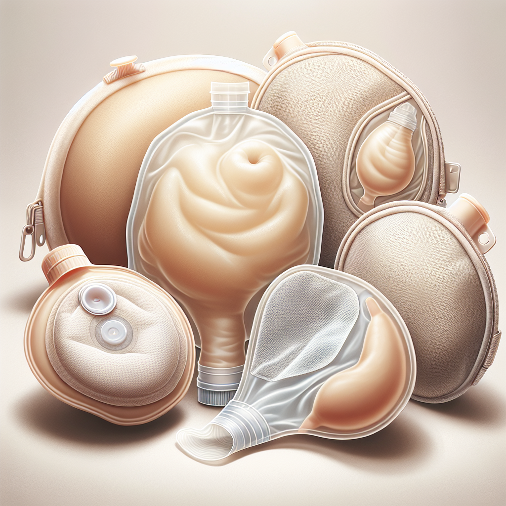 Various types of ostomy bags and pouches displayed against a neutral background.