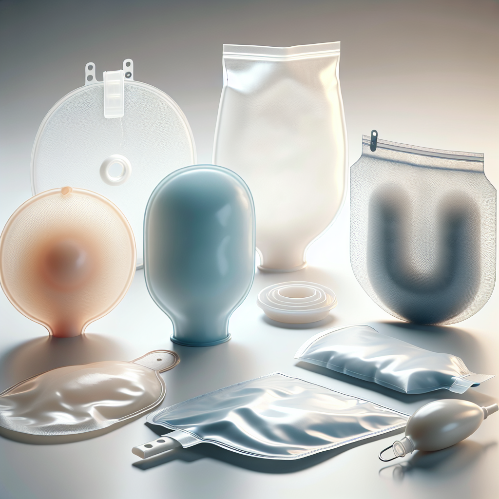 Various types of ostomy bags and pouches displayed on a white background.