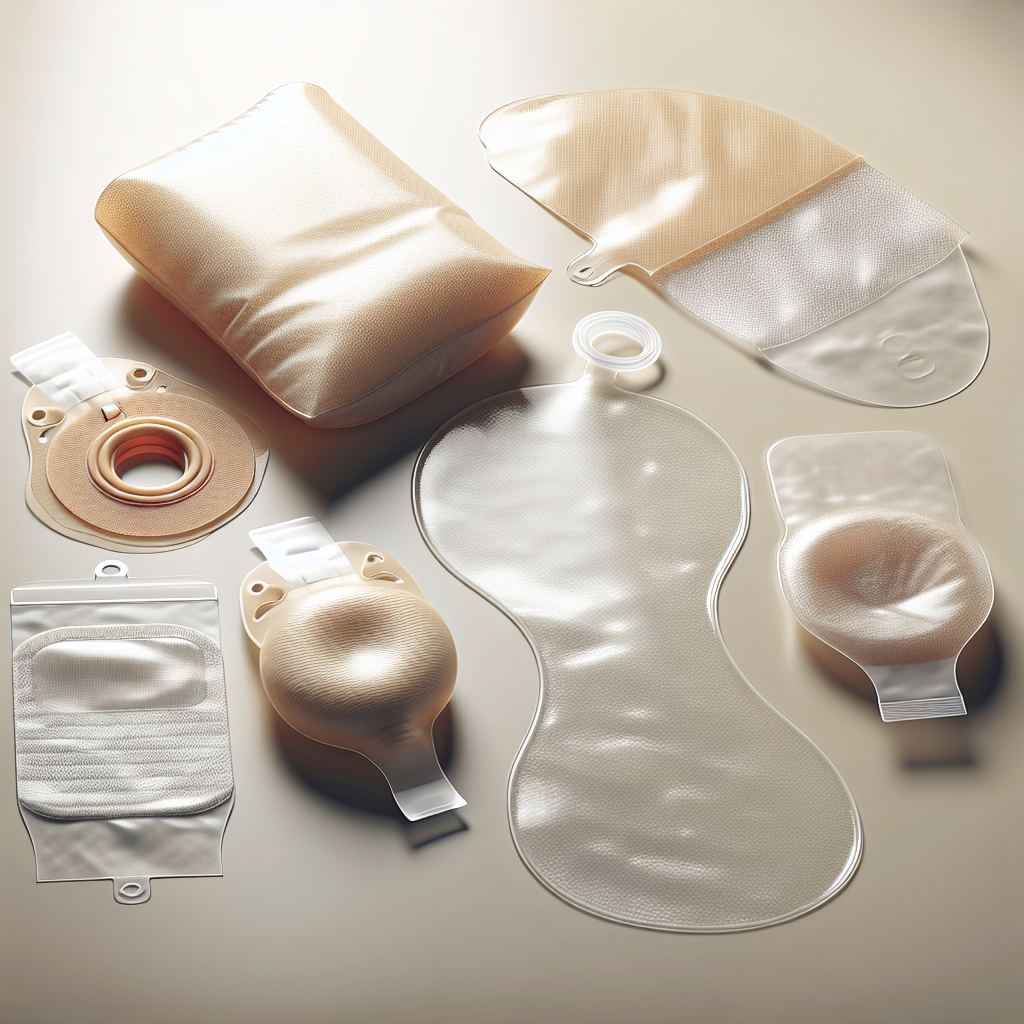 Various types of ostomy bags and pouches displayed on a neutral surface.