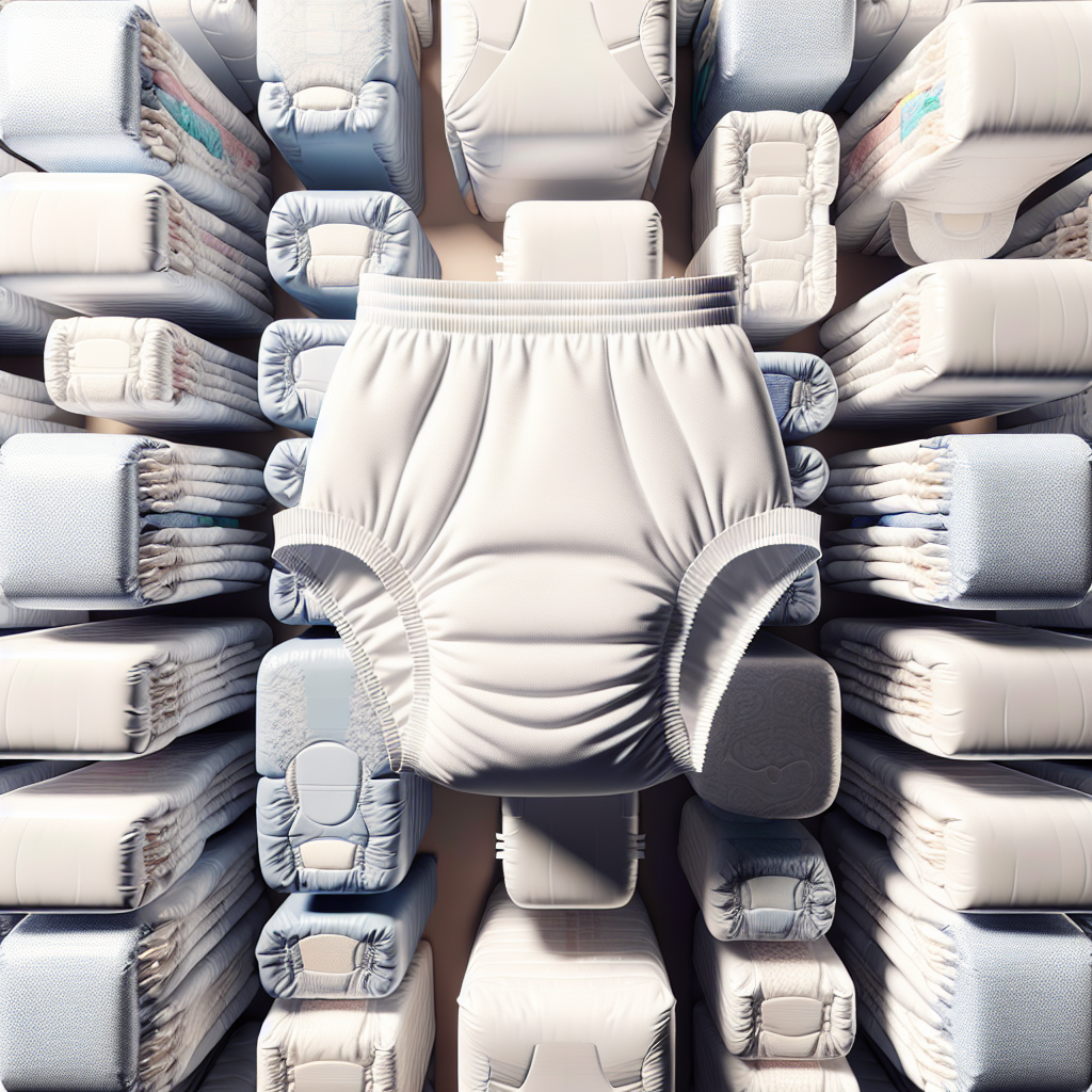 A selection of adult diapers in various sizes and designs, displayed neatly in a bright and clean setting, reminiscent of a health care store's product arrangement.