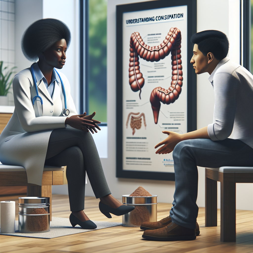 A realistic image of a healthcare professional counseling a patient about digestive health with educational materials in the background.