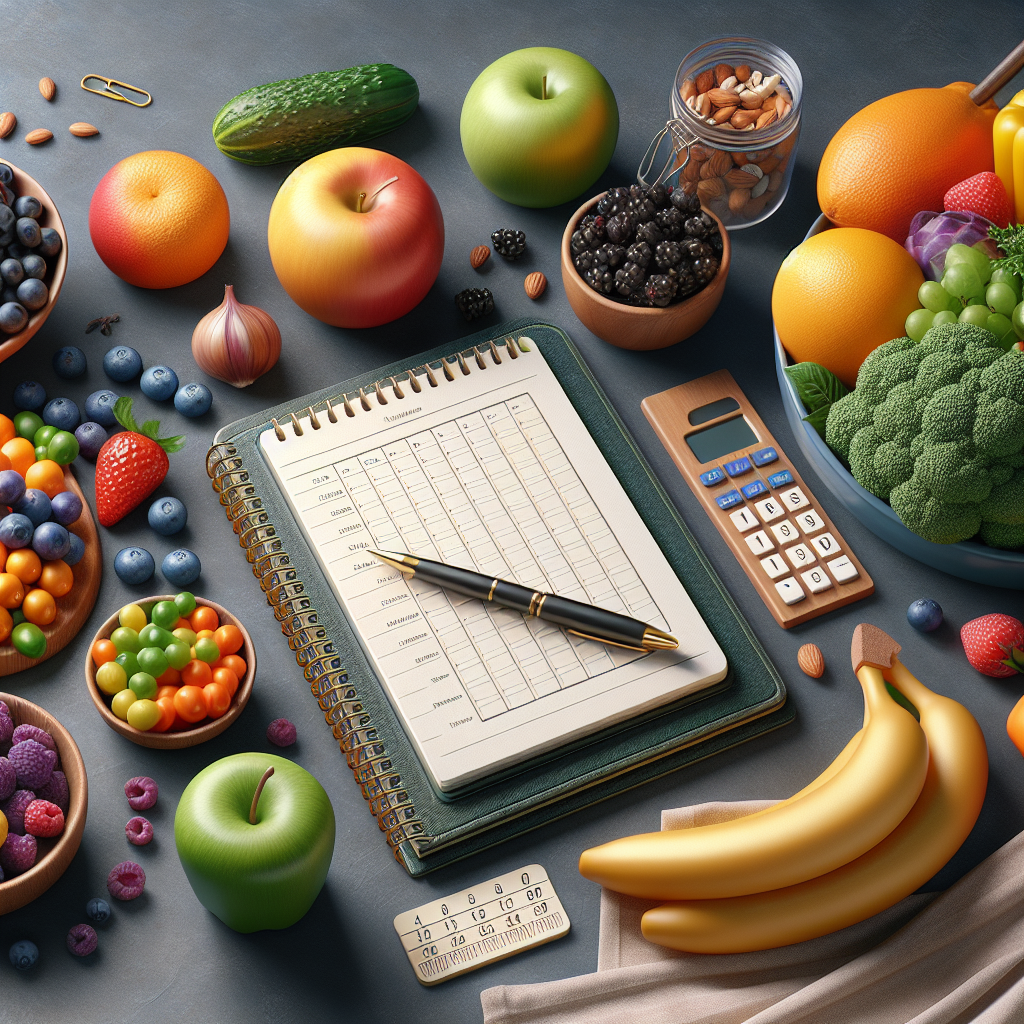 Meal planning tools with a notepad, pen, and an array of healthy foods in a realistic style as shown in the reference URL.