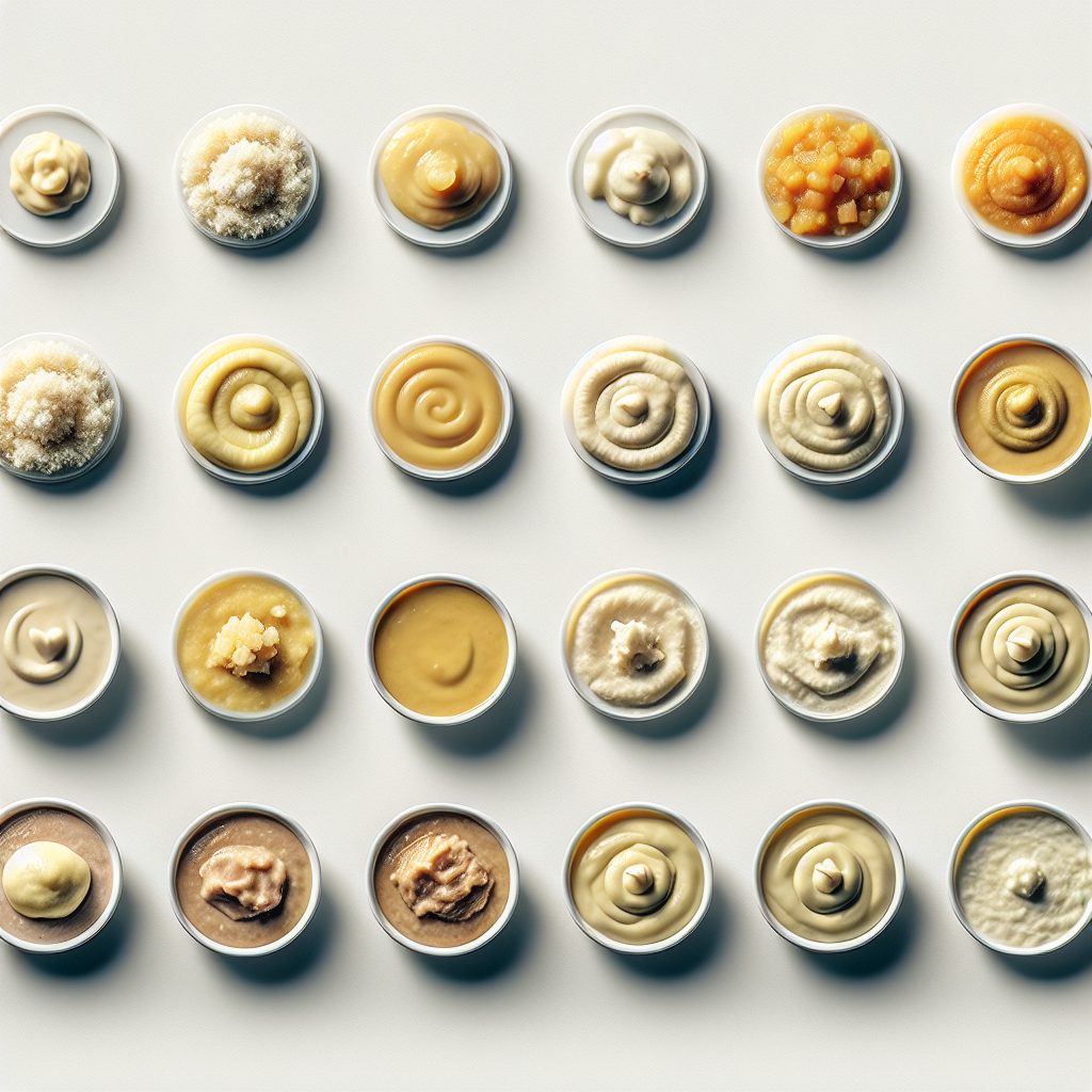 A realistic image displaying various stages of pureed food with distinct textures.