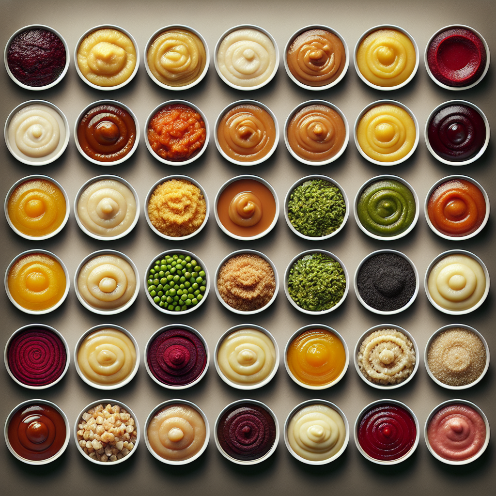 Various types of pureed foods showcased with realistic textures and colors for a visual texture guide.