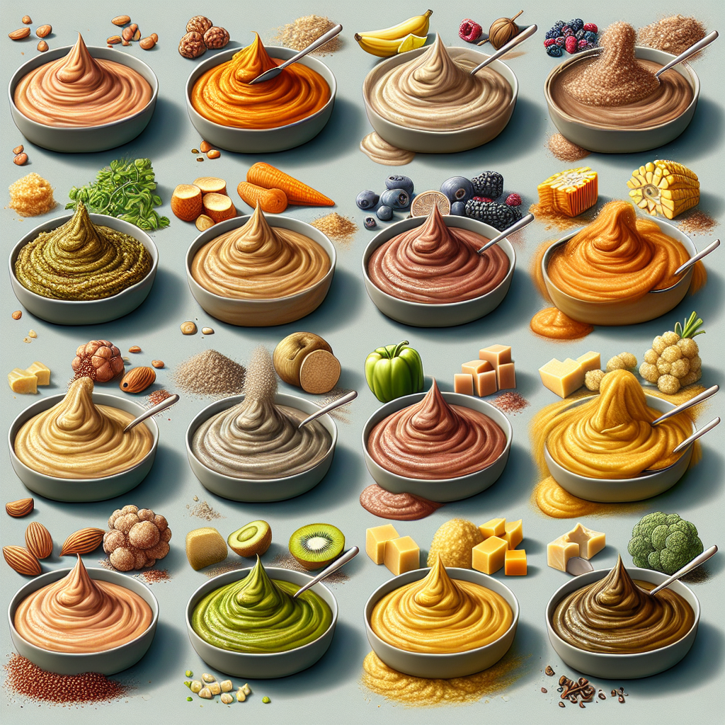 A photorealistic representation of various textures and stages of pureed food as described in the texture guide.