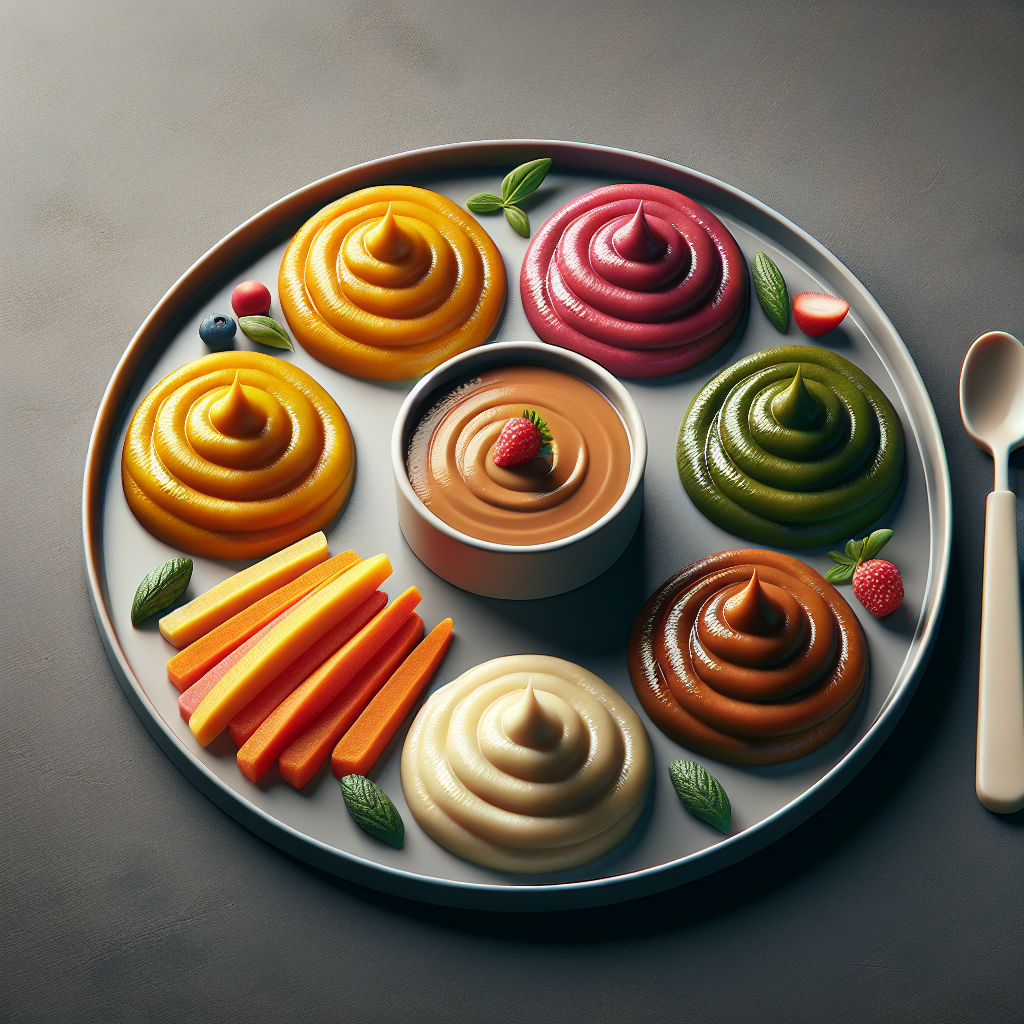 A plate with an assortment of colorful pureed foods for adults, resembling the image in the provided URL, presented realistically and appetizingly.