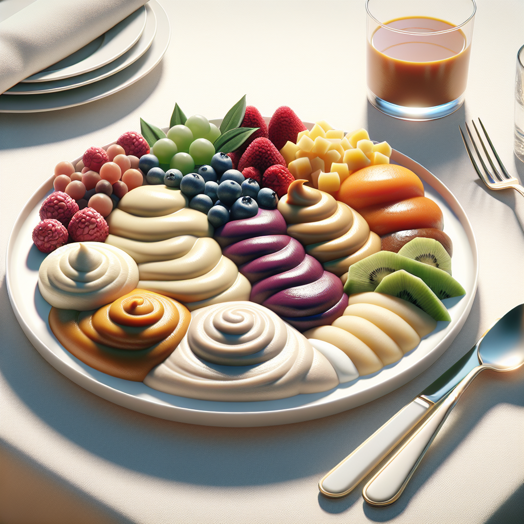 Realistic image of elegantly presented pureed foods for adults on a white plate.