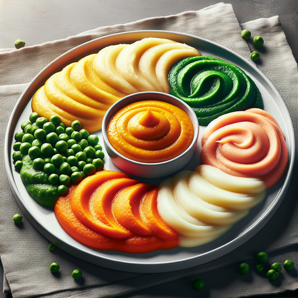 Assorted colorful pureed foods on a stylish white plate, arranged in neat sections.