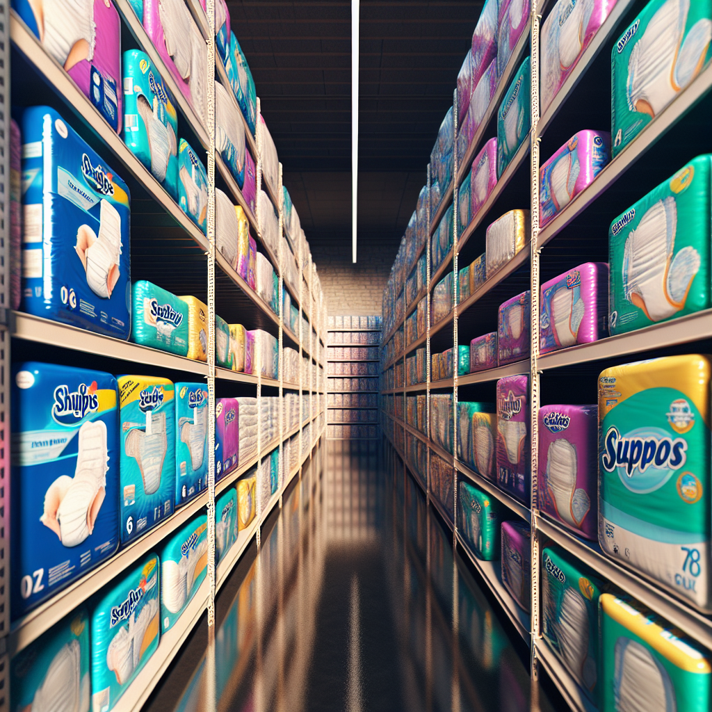 An assortment of adult diaper packages on retail shelves, mimicking a Costco store selection.