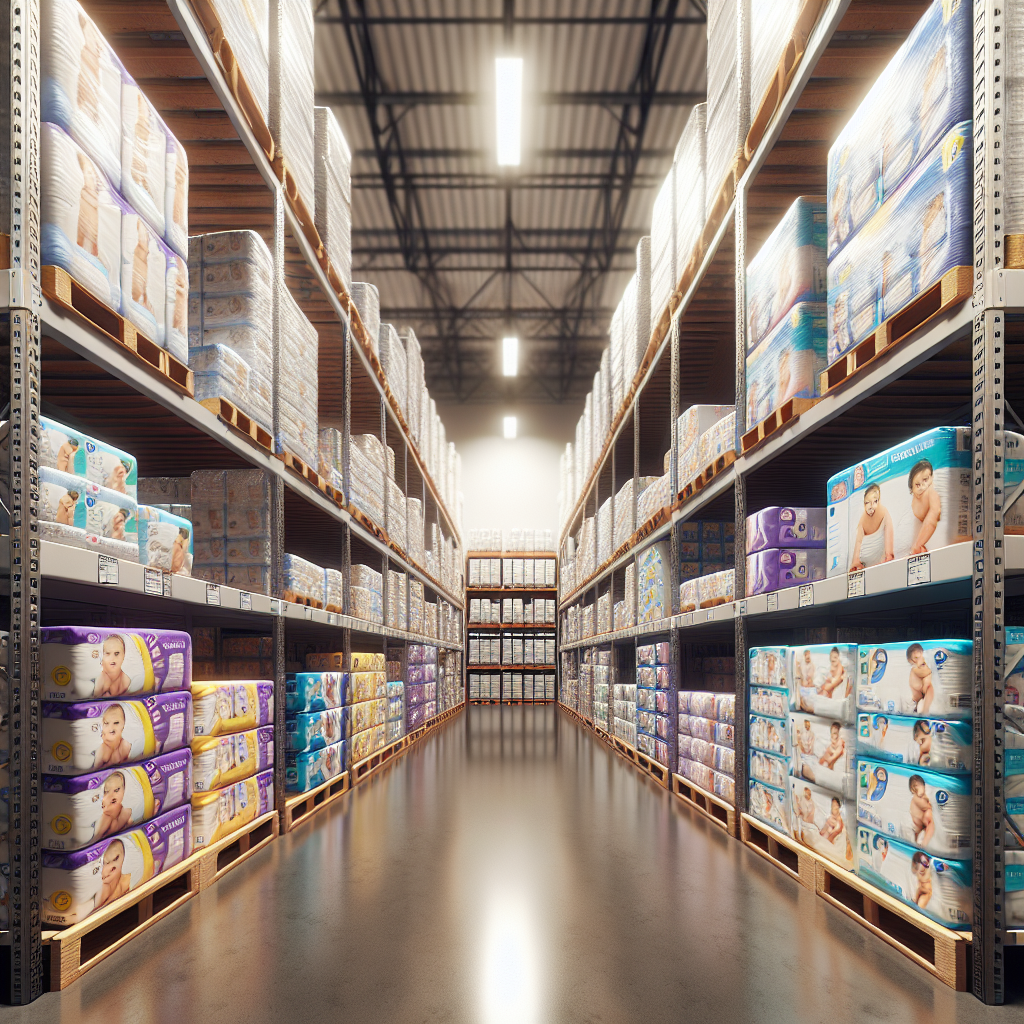 Costco shelf with a selection of adult diapers in a realistic style.